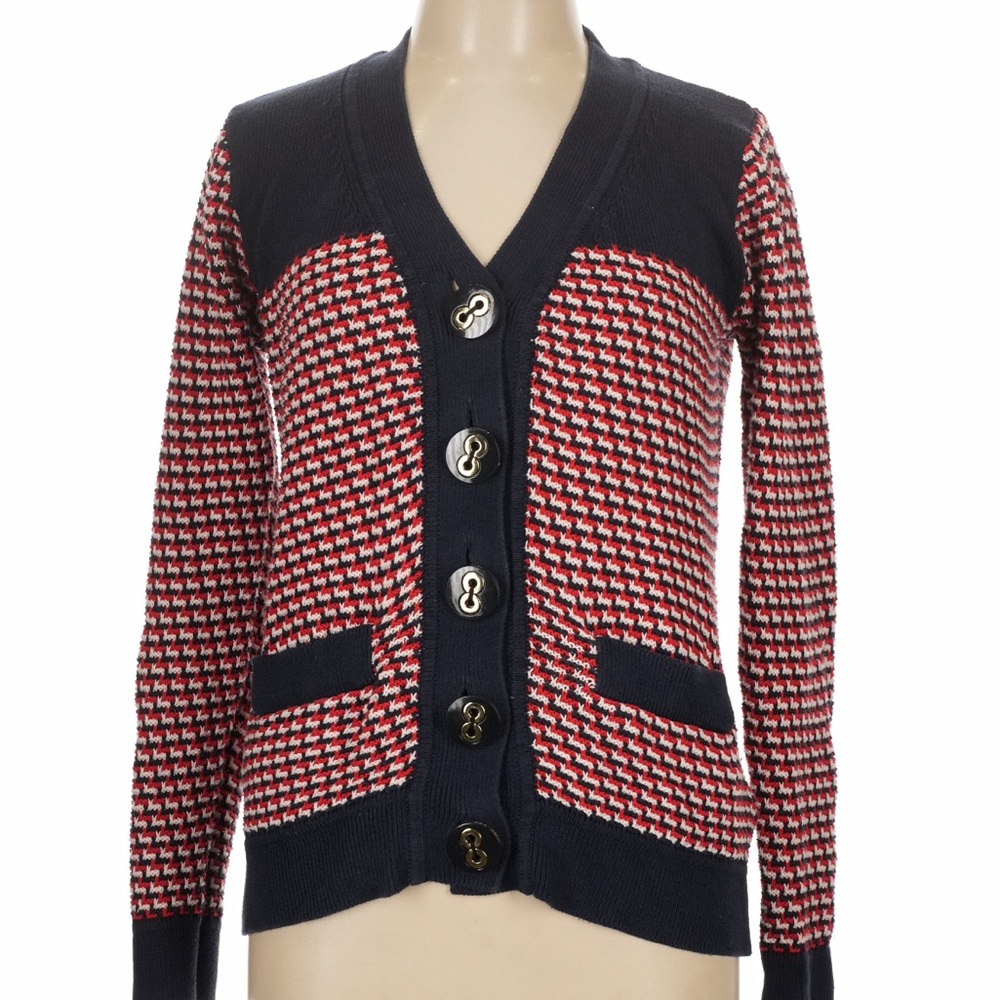 Milly of NY Women's Navy and Red Patterned Cardigan Sweater